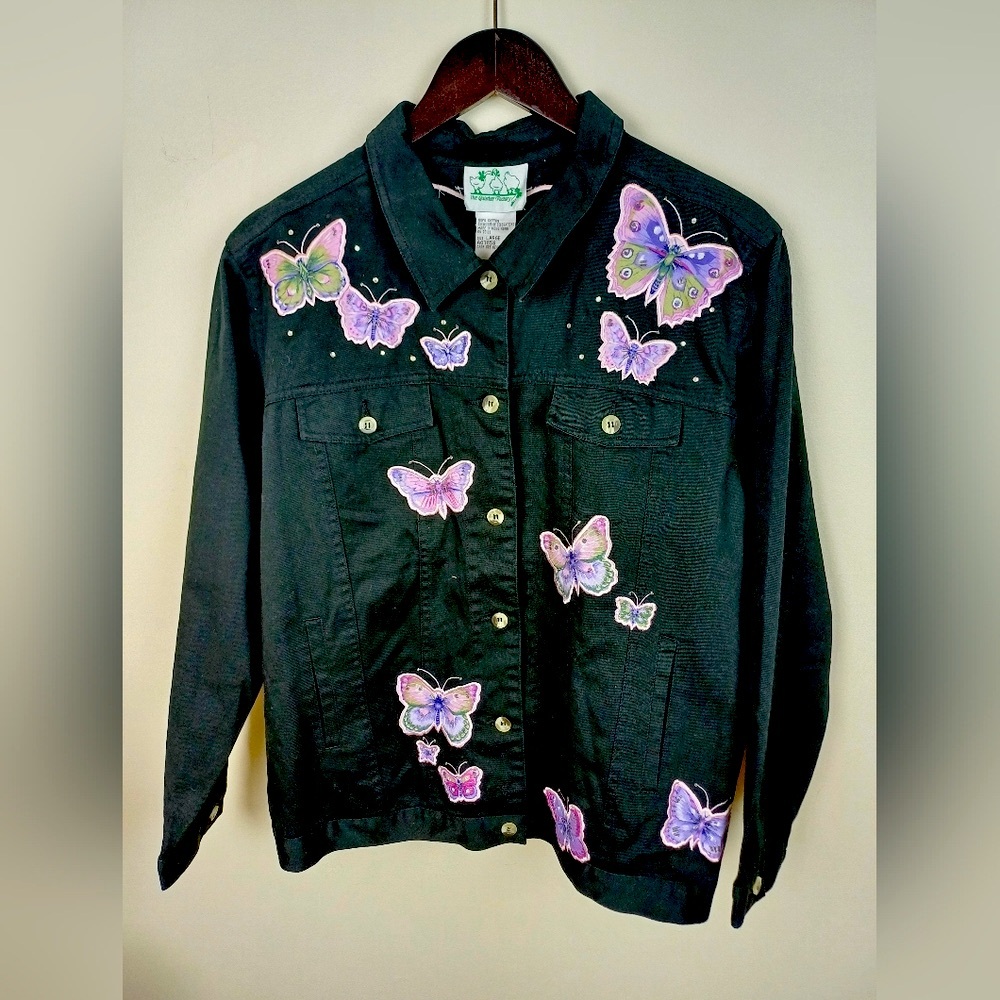 NWT Quacker Factory Butterfly Black Denim Jacket with Button Covers L A 67658